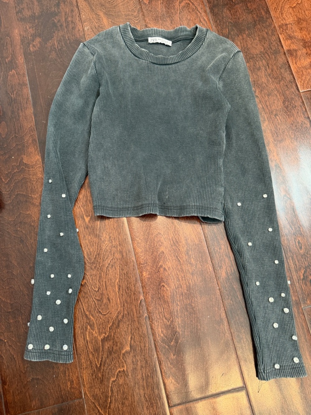 Zara Forest Green Ribbed Long Sleeve Top with Pearl Sleeve Accents